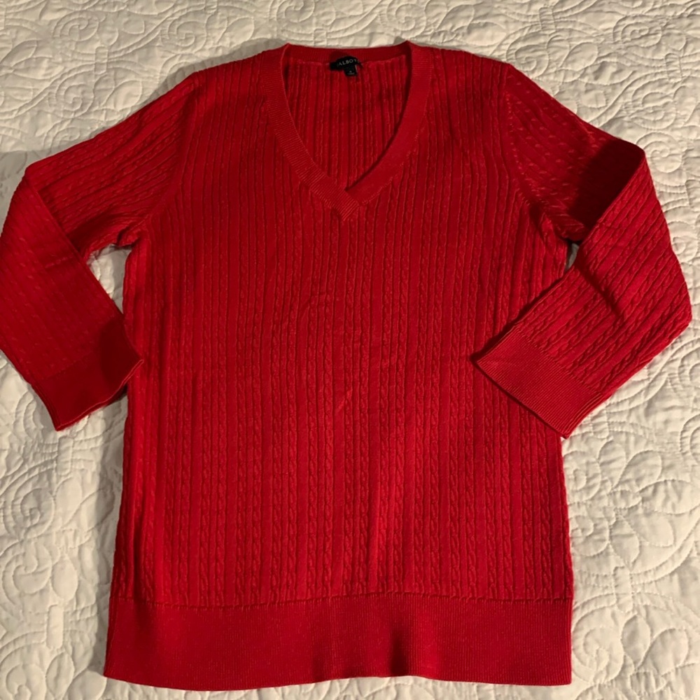 Talbots Red mini cable v neck sweater
size S NWOT